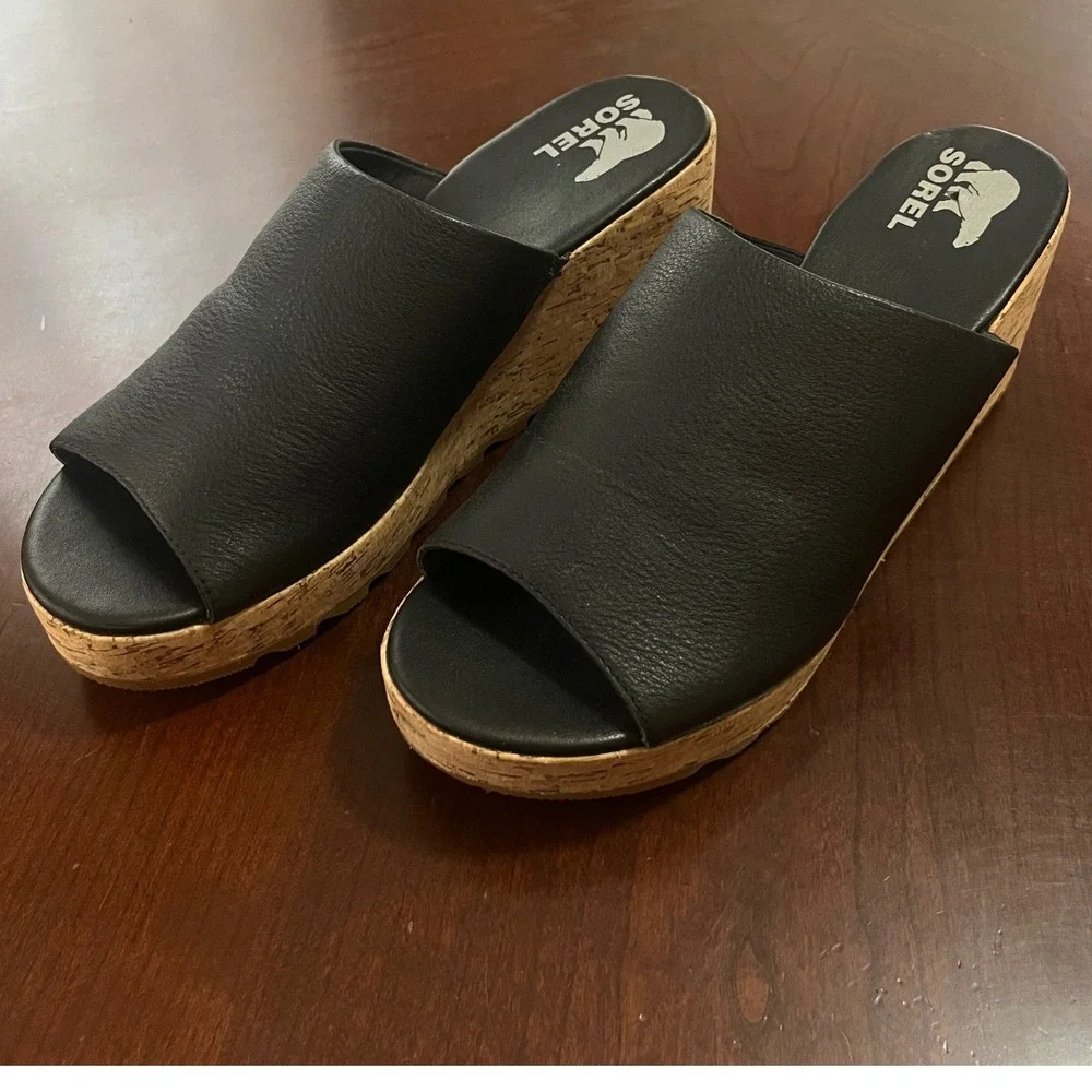 Sorel Cameron Flatform Wedge Mules Black Leather Cork Sandals NL4643-011 Size 12